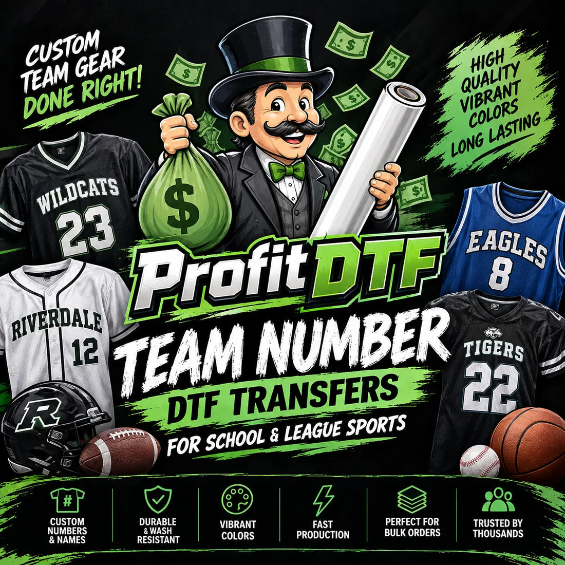 Team Number DTF Transfers for School & League Sports