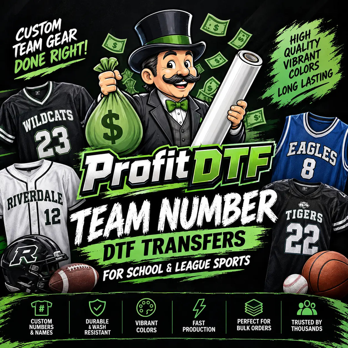 Team Number DTF Transfers for School & League Sports