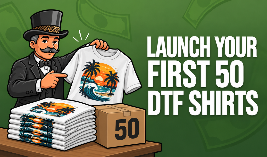 Profit DTF mascot presenting the first 50 custom DTF printed shirts with a stacked shirt order and a box marked 50.