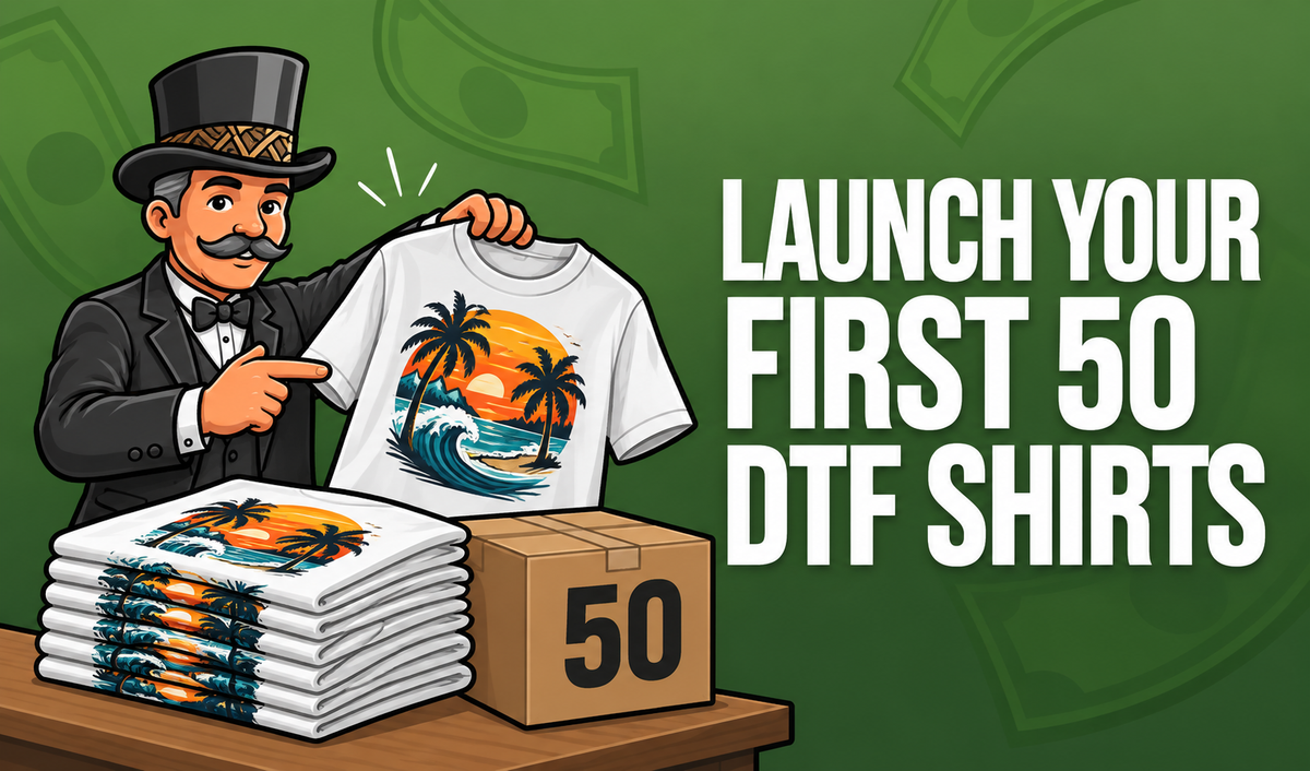 Profit DTF mascot presenting the first 50 custom DTF printed shirts with a stacked shirt order and a box marked 50.